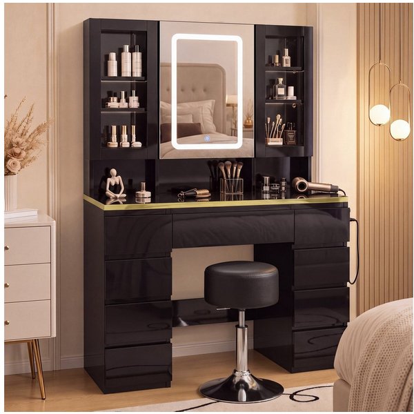 HOMALL Schminktisch LED-Schminktisch mit Spiegel, 108 cm breit, Hocker-Set optional (Gesamtmaße: 108 × 40 × 146 cm, mit 9 Schubladen, 3 offenen Ablagefächern, 2