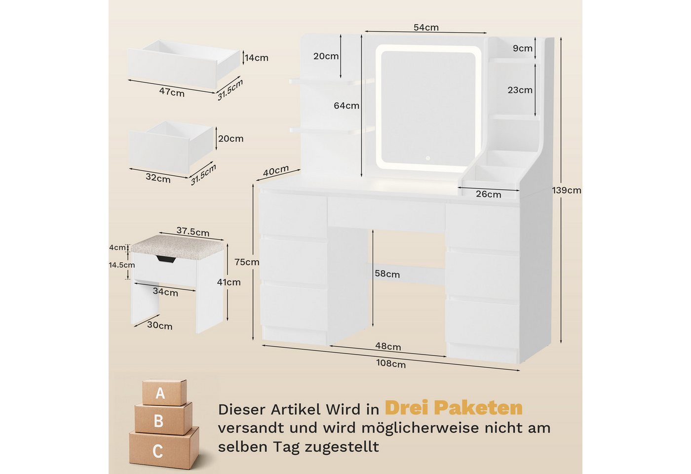 HOMALL Schminktisch LED-Spiegel, 7 Schubladen, 110 cm breit, Aufbewahrungshocker optional (Schminktisch mit dimmbarem LED-Spiegel (3 Farben), 7 Schubladen + 8 F – Bild 2 von 5