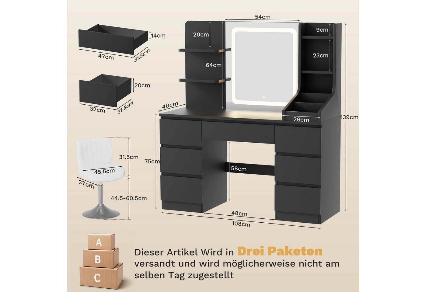 HOMALL Schminktisch LED-Spiegel, 7 Schubladen, 110 cm breit, Aufbewahrungshocker optional (Schminktisch mit dimmbarem LED-Spiegel (3 Farben), 7 Schubladen + 8 F – Bild 2 von 5