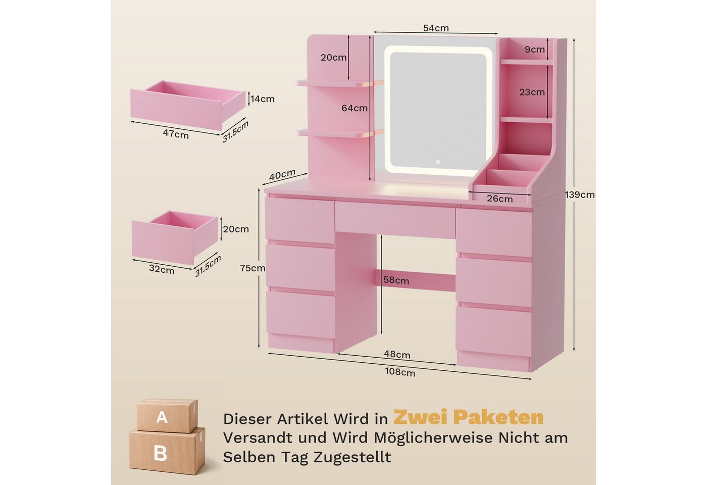 HOMALL Schminktisch LED-Spiegel, 7 Schubladen, 110 cm breit, Aufbewahrungshocker optional (Schminktisch mit dimmbarem LED-Spiegel (3 Farben), 7 Schubladen + 8 F – Bild 2 von 5