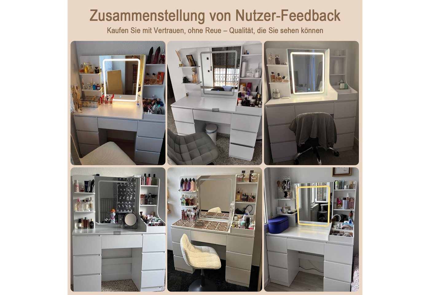HOMALL Schminktisch LED-Spiegel, 7 Schubladen, 110 cm breit, Aufbewahrungshocker optional (Schminktisch mit dimmbarem LED-Spiegel (3 Farben), 7 Schubladen + 8 F – Bild 5 von 5