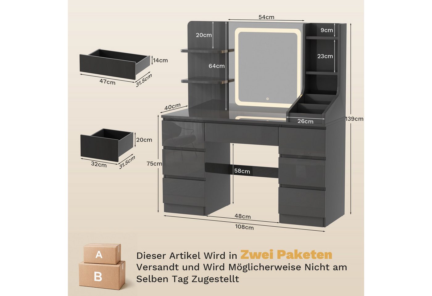 HOMALL Schminktisch LED-Spiegel, 7 Schubladen, 110 cm breit, Aufbewahrungshocker optional (Schminktisch mit dimmbarem LED-Spiegel (3 Farben), 7 Schubladen + 8 F – Bild 2 von 5