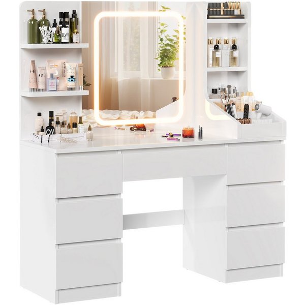 HOMALL Schminktisch LED-Spiegel, 7 Schubladen, 110 cm breit, Aufbewahrungshocker optional (Schminktisch mit dimmbarem LED-Spiegel (3 Farben), 7 Schubladen + 8 F