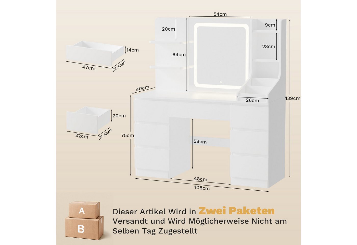 HOMALL Schminktisch LED-Spiegel, 7 Schubladen, 110 cm breit, Aufbewahrungshocker optional (Schminktisch mit dimmbarem LED-Spiegel (3 Farben), 7 Schubladen + 8 F – Bild 2 von 5