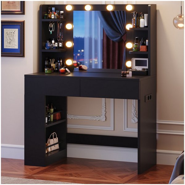 HOMALL Schminktisch Mit dreifarbiger LED-Beleuchtung, Helligkeit einstellbar (Länge × Breite × Höhe) 90 × 40 × 137 cm, mit Steckdose und 2 USB-Anschlüssen, seit