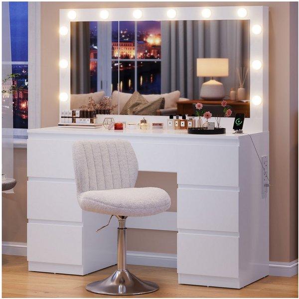 HOMALL Schminktisch mit großem Spiegel, 120 cm, 7 Schubladen, Schmuckschrank (XXL-Spiegel 106×51 cm (30×51 aufklappbar m. Schmuckschrank) · 120 cm · 7 Schublade