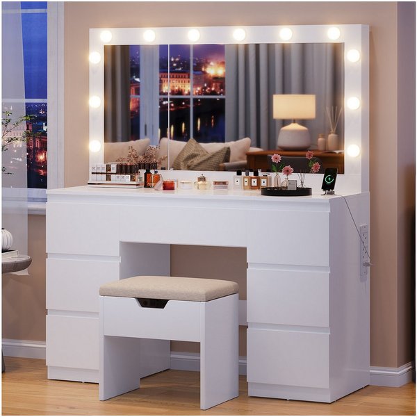 HOMALL Schminktisch mit großem Spiegel, 120 cm, 7 Schubladen, Schmuckschrank (XXL-Spiegel 106×51 cm (30×51 aufklappbar m. Schmuckschrank) · 120 cm · 7 Schublade