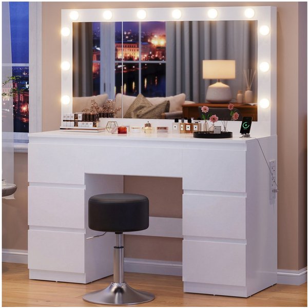 HOMALL Schminktisch mit großem Spiegel, 120 cm, 7 Schubladen, Schmuckschrank (XXL-Spiegel 106×51 cm (30×51 aufklappbar m. Schmuckschrank) · 120 cm · 7 Schublade