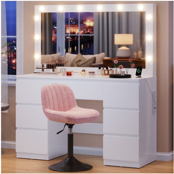HOMALL Schminktisch mit großem Spiegel, 120 cm, 7 Schubladen, Schmuckschrank (XXL-Spiegel 106×51 cm (30×51 aufklappbar m. Schmuckschrank) · 120 cm · 7 Schublade