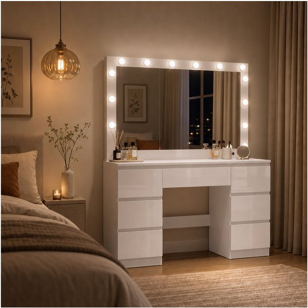 HOMALL Schminktisch mit großem Spiegel, 120 cm, 7 Schubladen, Schmuckschrank (XXL-Spiegel 106×51 cm (30×51 aufklappbar m. Schmuckschrank) · 120 cm · 7 Schublade