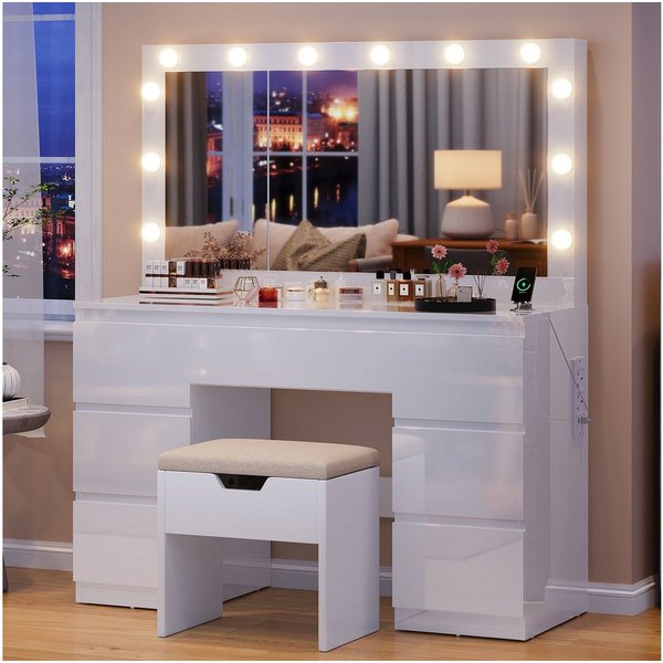 HOMALL Schminktisch mit großem Spiegel, 120 cm, 7 Schubladen, Schmuckschrank (XXL-Spiegel 106×51 cm (30×51 aufklappbar m. Schmuckschrank) · 120 cm · 7 Schublade