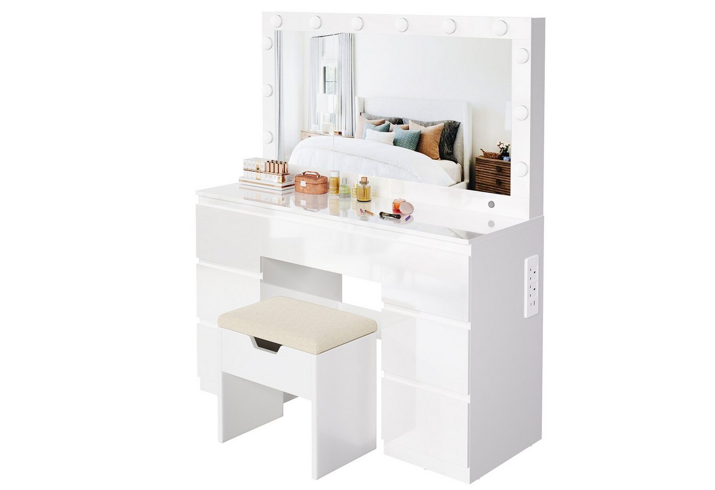 HOMALL Schminktisch mit großem Spiegel, 120 cm, 7 Schubladen, Schmuckschrank (XXL-Spiegel 106×51 cm (30×51 aufklappbar m. Schmuckschrank) · 120 cm · 7 Schublade – Bild 2 von 5
