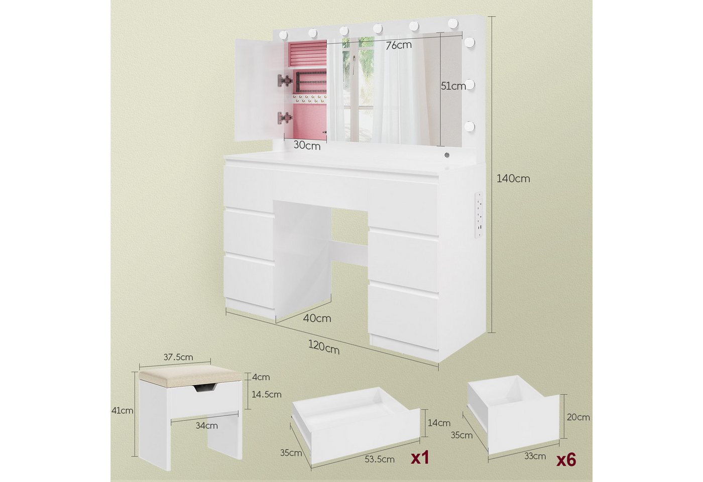 HOMALL Schminktisch mit großem Spiegel, 120 cm, 7 Schubladen, Schmuckschrank (XXL-Spiegel 106×51 cm (30×51 aufklappbar m. Schmuckschrank) · 120 cm · 7 Schublade – Bild 3 von 5