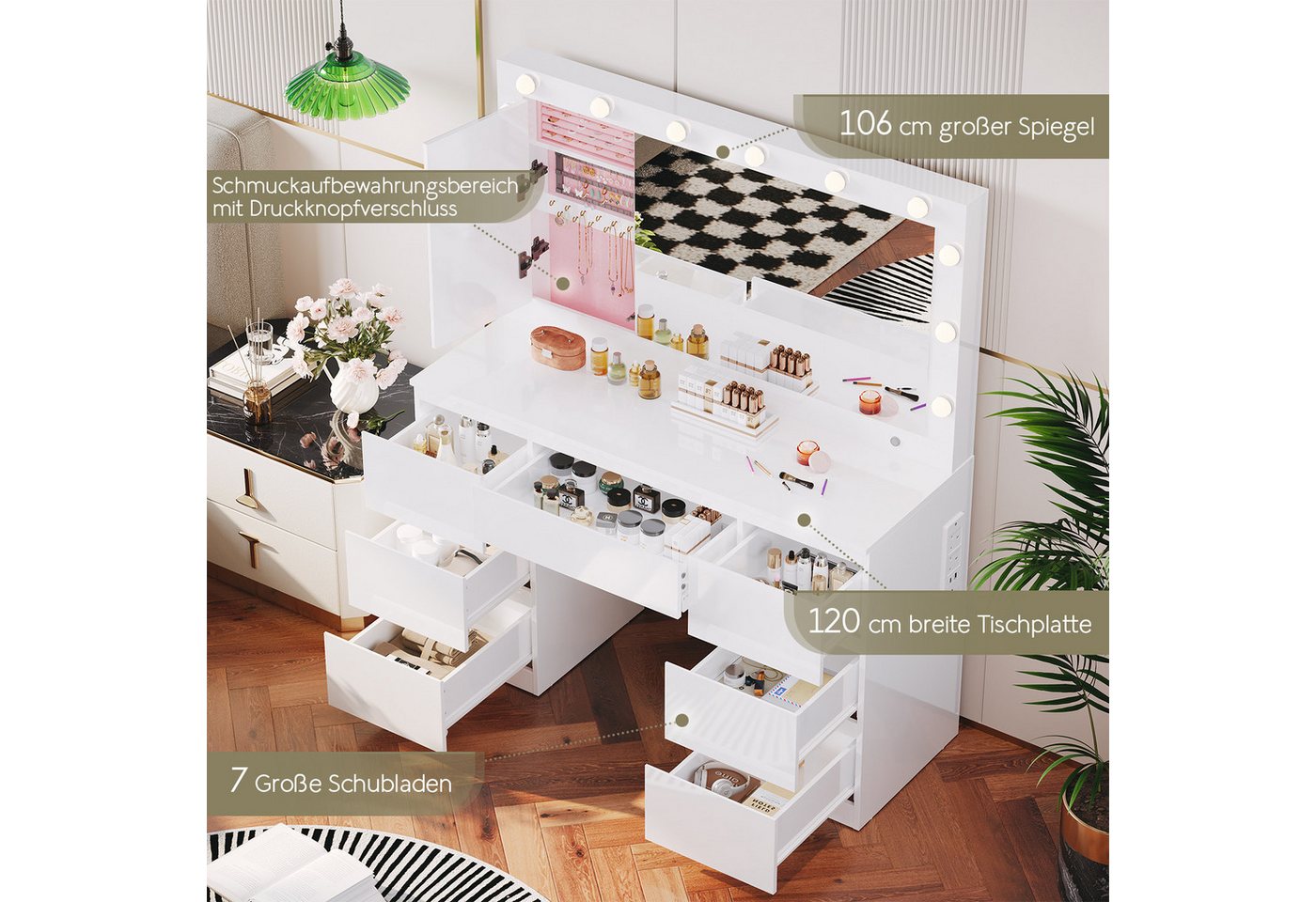 HOMALL Schminktisch mit großem Spiegel, 120 cm, 7 Schubladen, Schmuckschrank (XXL-Spiegel 106×51 cm (30×51 aufklappbar m. Schmuckschrank) · 120 cm · 7 Schublade – Bild 4 von 5