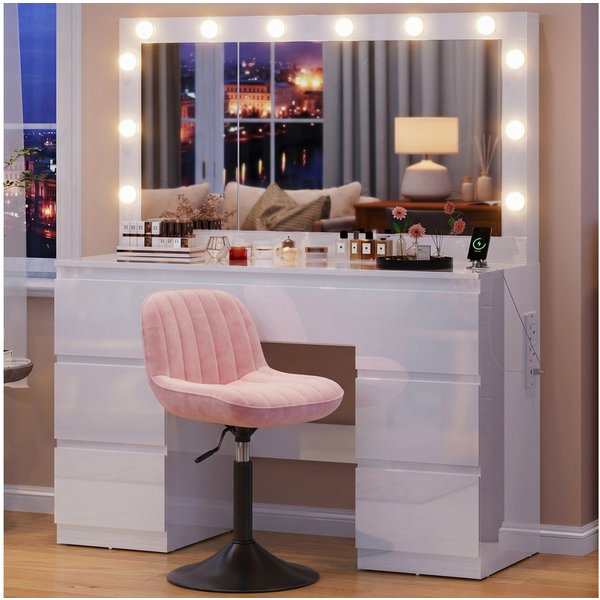 HOMALL Schminktisch mit großem Spiegel, 120 cm, 7 Schubladen, Schmuckschrank (XXL-Spiegel 106×51 cm (30×51 aufklappbar m. Schmuckschrank) · 120 cm · 7 Schublade