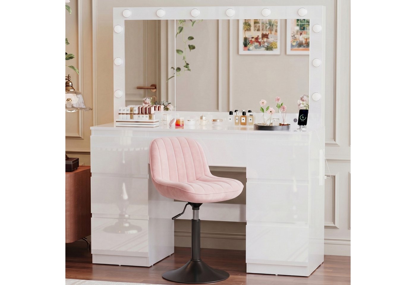 HOMALL Schminktisch mit großem Spiegel, 120 cm, 7 Schubladen, Schmuckschrank (XXL-Spiegel 106×51 cm (30×51 aufklappbar m. Schmuckschrank) · 120 cm · 7 Schublade – Bild 3 von 5