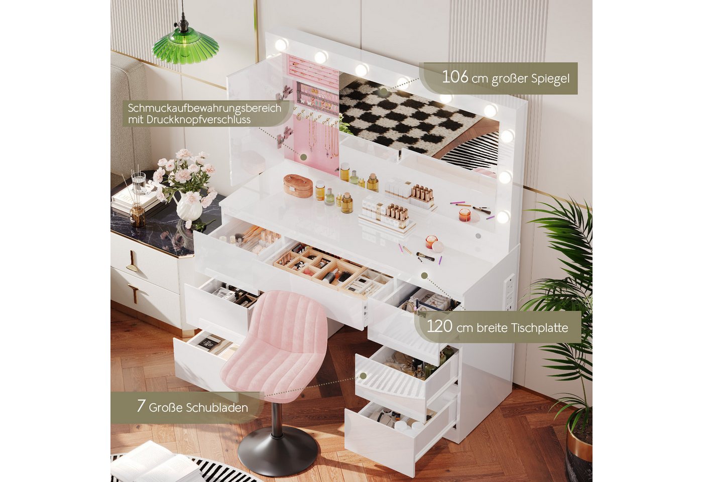 HOMALL Schminktisch mit großem Spiegel, 120 cm, 7 Schubladen, Schmuckschrank (XXL-Spiegel 106×51 cm (30×51 aufklappbar m. Schmuckschrank) · 120 cm · 7 Schublade – Bild 4 von 5