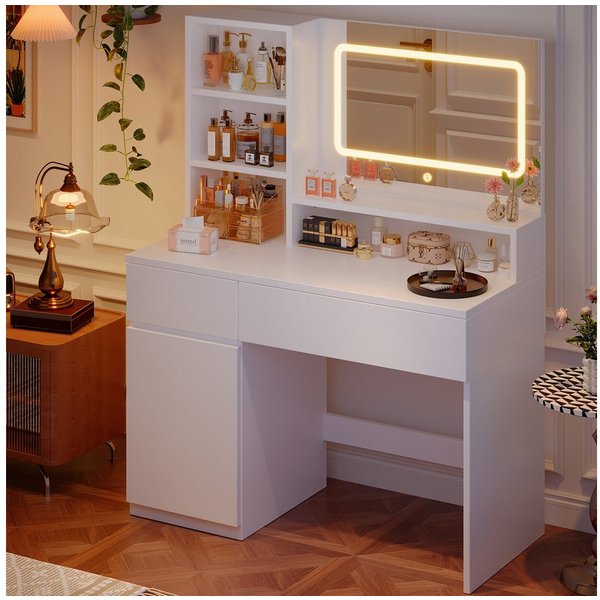 HOMALL Schminktisch Mit integrierten LED-Leuchten, einstellbare Helligkeit und Temperatur (Produktabmessungen: 90 × 40 × 135 cm Mit 5 offenen Ablagefächern + 2 