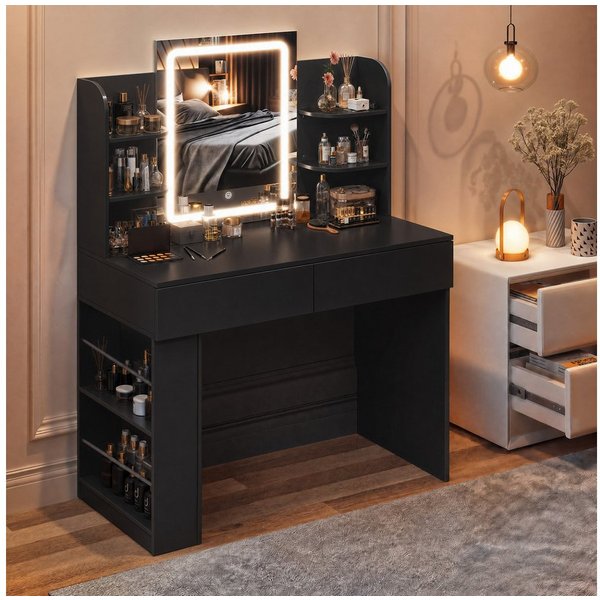 HOMALL Schminktisch mit Spiegel, LED-Beleuchtung, einstellbare Helligkeit, ostern (Langex Brete x Hthe) 90/110 x 40x 135 cm. B ofene Facher (2 seitiche Facher s