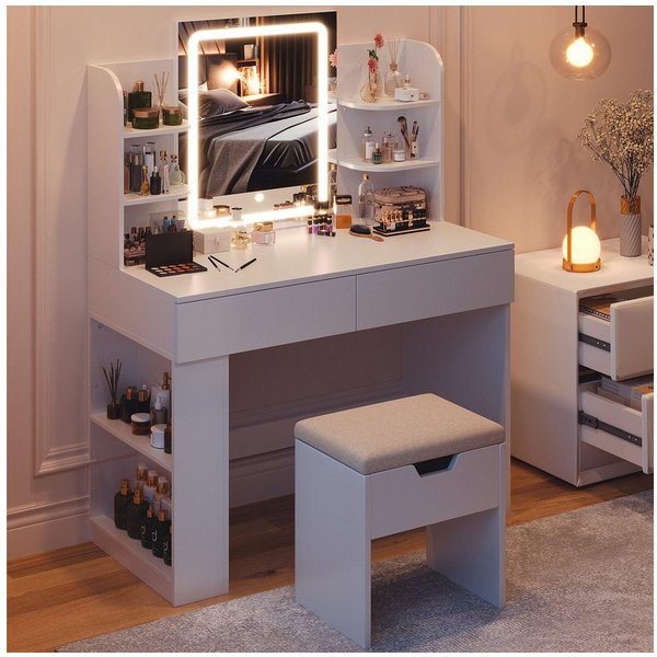 HOMALL Schminktisch mit Spiegel, LED-Beleuchtung, einstellbare Helligkeit, ostern (Langex Brete x Hthe) 90/110 x 40x 135 cm. B ofene Facher (2 seitiche Facher s