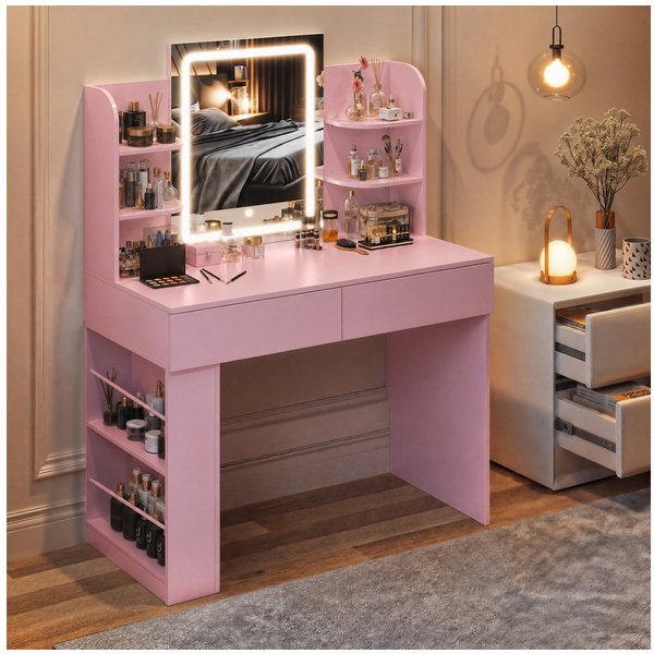 HOMALL Schminktisch mit Spiegel, LED-Beleuchtung, einstellbare Helligkeit, ostern (Langex Brete x Hthe) 90/110 x 40x 135 cm. B ofene Facher (2 seitiche Facher s