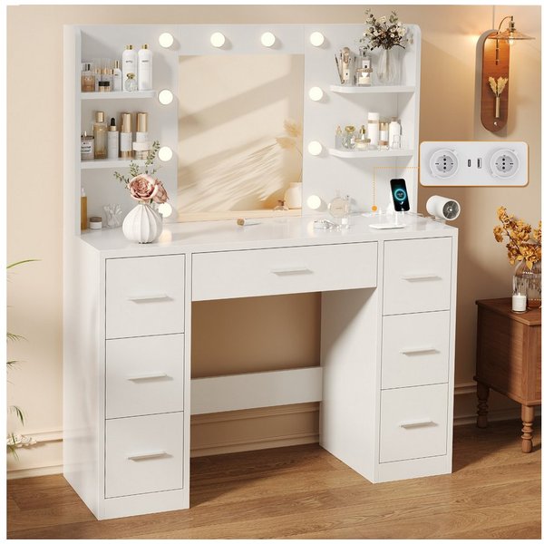 HOMALL Schminktisch mit Spiegel, LED-Beleuchtung, einstellbare Helligkeit, ostern (Langex Brete x Hthe) 90/110 x 40x 135 cm. B ofene Facher (2 seitiche Facher s