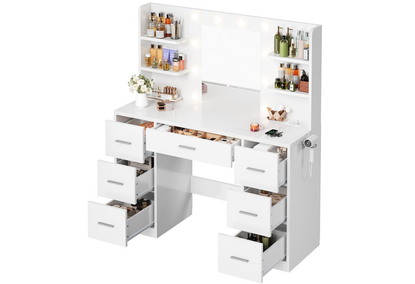 HOMALL Schminktisch mit Spiegel, LED-Beleuchtung, einstellbare Helligkeit, ostern (Langex Brete x Hthe) 90/110 x 40x 135 cm. B ofene Facher (2 seitiche Facher s – Bild 2 von 5
