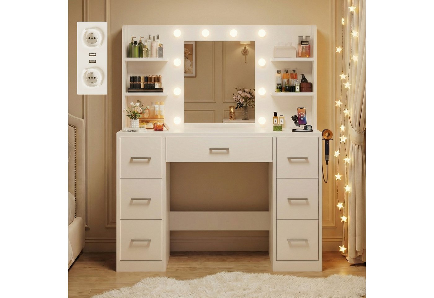 HOMALL Schminktisch mit Spiegel, LED-Beleuchtung, einstellbare Helligkeit, ostern (Langex Brete x Hthe) 90/110 x 40x 135 cm. B ofene Facher (2 seitiche Facher s – Bild 3 von 5