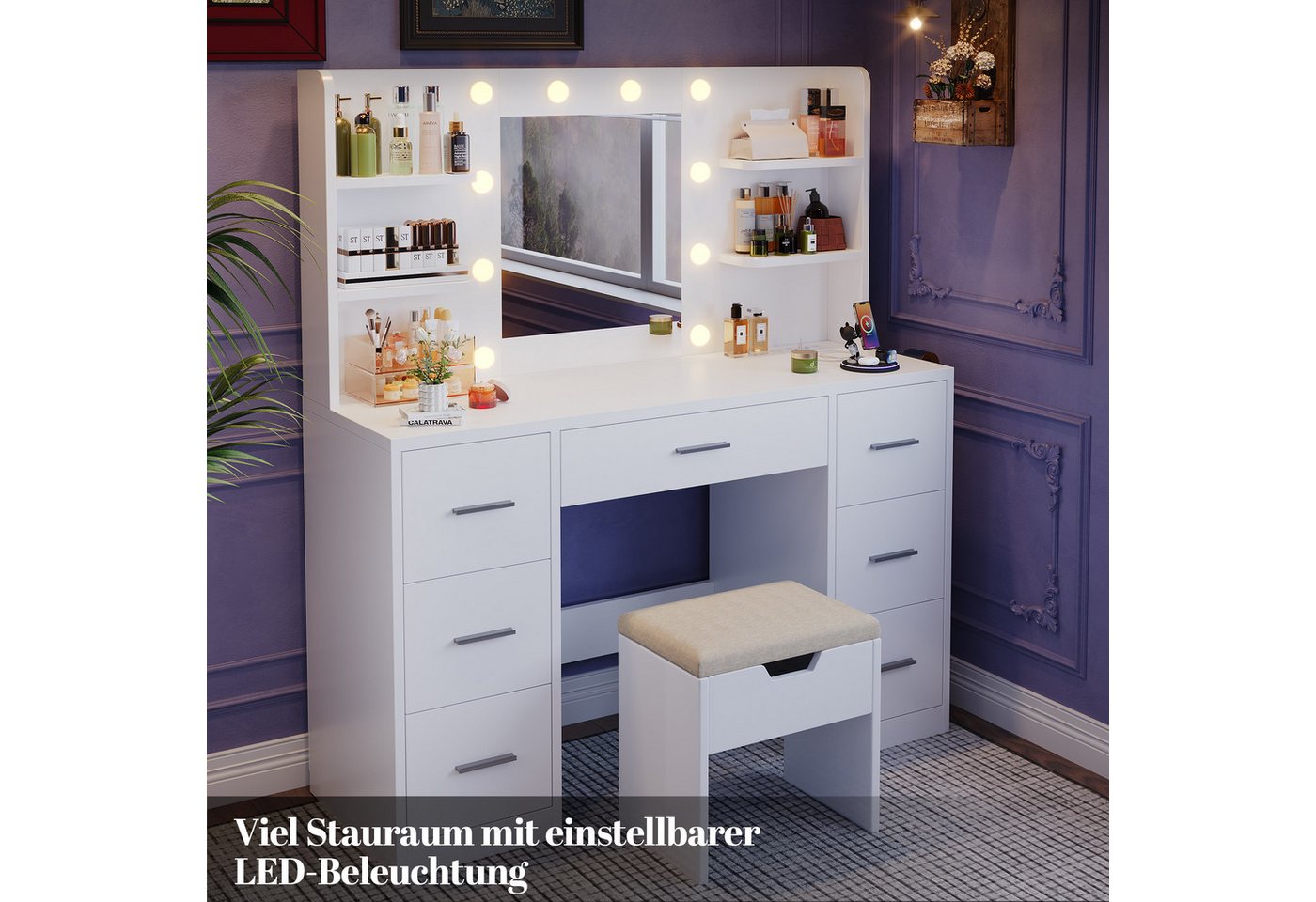 HOMALL Schminktisch mit Spiegel, LED-Beleuchtung, einstellbare Helligkeit, ostern (Langex Brete x Hthe) 90/110 x 40x 135 cm. B ofene Facher (2 seitiche Facher s – Bild 4 von 5