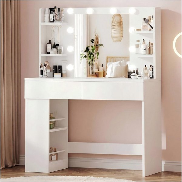 HOMALL Schminktisch mit Spiegel, LED-Beleuchtung, einstellbare Helligkeit, ostern (Langex Brete x Hthe) 90/110 x 40x 135 cm. B ofene Facher (2 seitiche Facher s