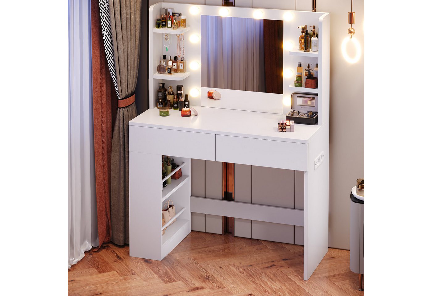 HOMALL Schminktisch mit Spiegel, LED-Beleuchtung, einstellbare Helligkeit, ostern (Langex Brete x Hthe) 90/110 x 40x 135 cm. B ofene Facher (2 seitiche Facher s – Bild 3 von 5