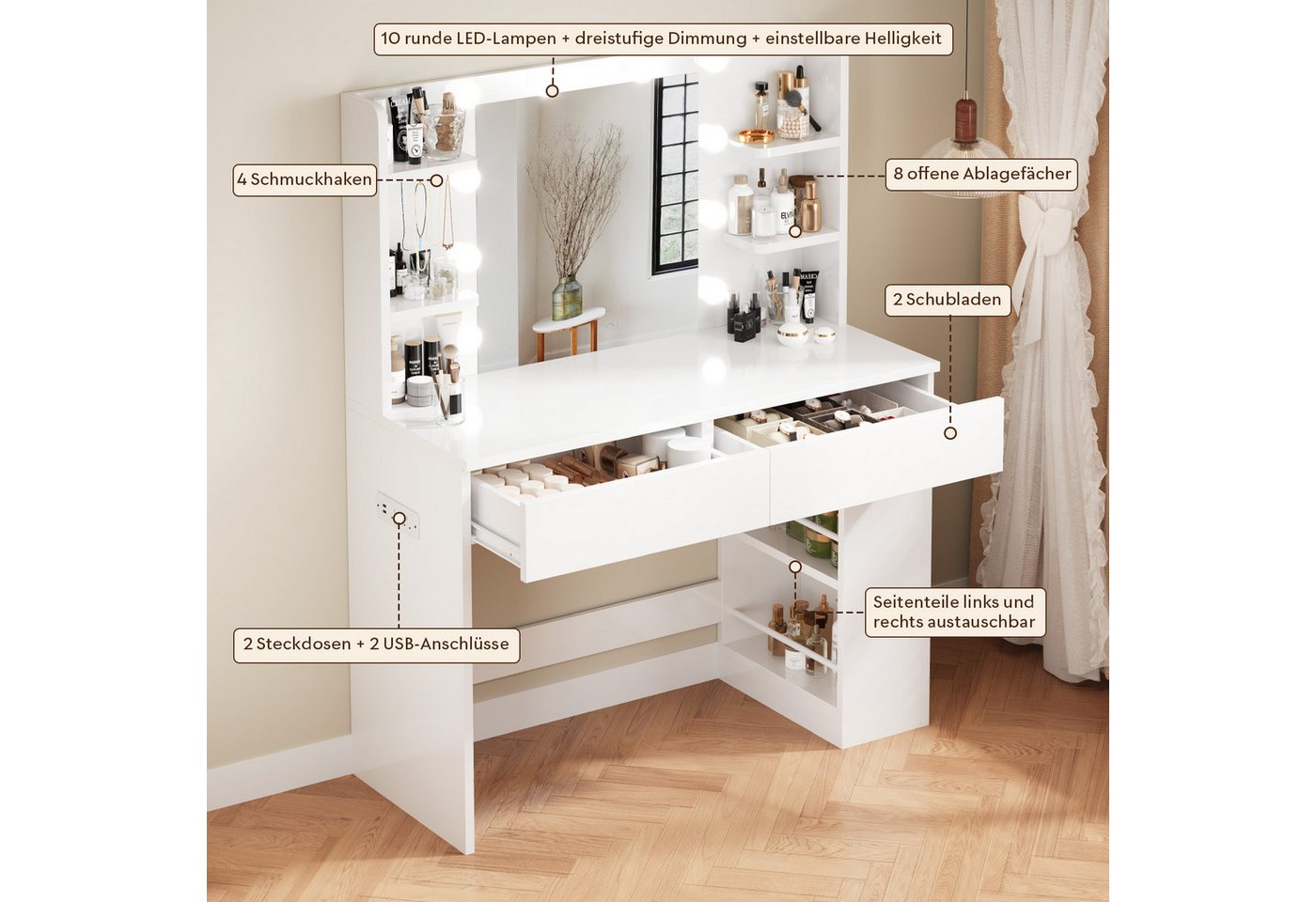 HOMALL Schminktisch mit Spiegel, LED-Beleuchtung, einstellbare Helligkeit, ostern (Langex Brete x Hthe) 90/110 x 40x 135 cm. B ofene Facher (2 seitiche Facher s – Bild 5 von 5