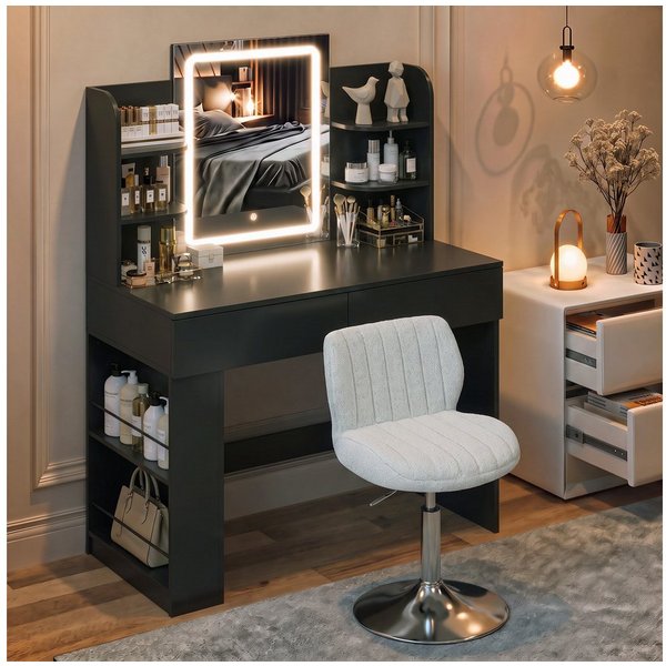 HOMALL Schminktisch mit Spiegel, LED-Beleuchtung, einstellbare Helligkeit, ostern (Langex Brete x Hthe) 90/110 x 40x 135 cm. B ofene Facher (2 seitiche Facher s