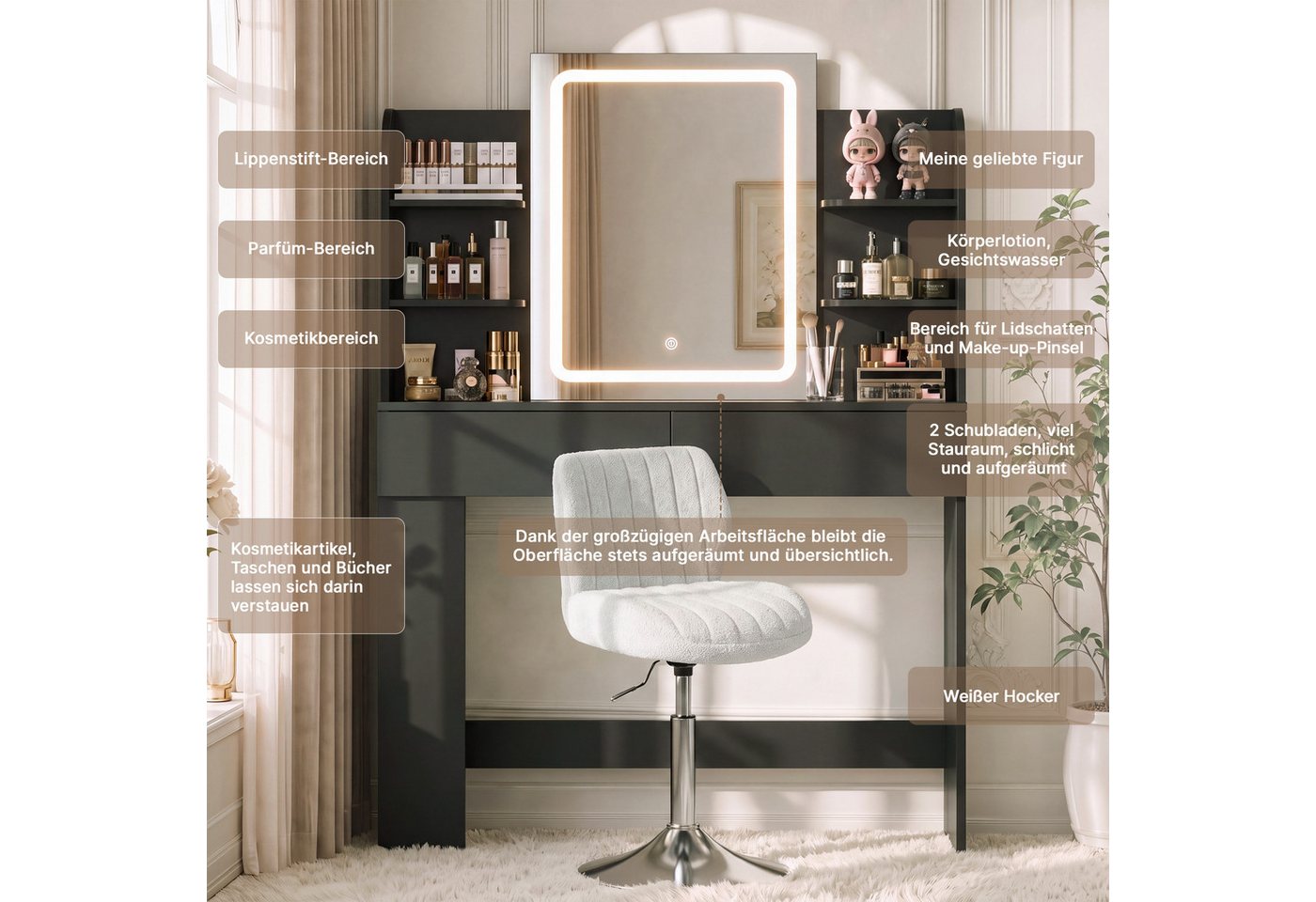 HOMALL Schminktisch mit Spiegel, LED-Beleuchtung, einstellbare Helligkeit, ostern (Langex Brete x Hthe) 90/110 x 40x 135 cm. B ofene Facher (2 seitiche Facher s – Bild 5 von 5