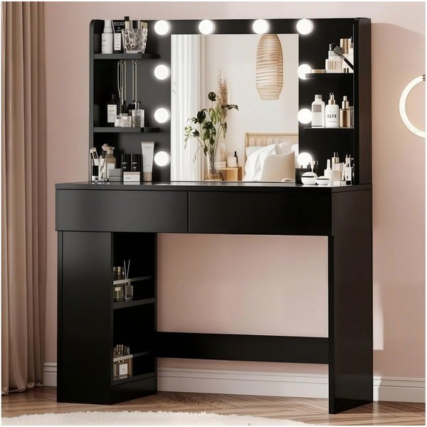 HOMALL Schminktisch mit Spiegel, LED-Beleuchtung, einstellbare Helligkeit, ostern (Langex Brete x Hthe) 90/110 x 40x 135 cm. B ofene Facher (2 seitiche Facher s