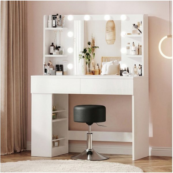 HOMALL Schminktisch mit Spiegel, LED-Beleuchtung, einstellbare Helligkeit, ostern (Langex Brete x Hthe) 90/110 x 40x 135 cm. B ofene Facher (2 seitiche Facher s