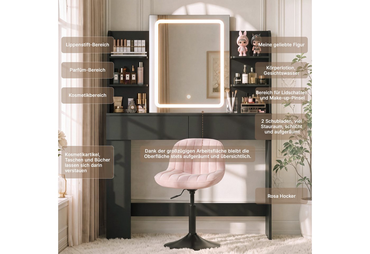 HOMALL Schminktisch mit Spiegel, LED-Beleuchtung, einstellbare Helligkeit, ostern (Langex Brete x Hthe) 90/110 x 40x 135 cm. B ofene Facher (2 seitiche Facher s – Bild 5 von 5