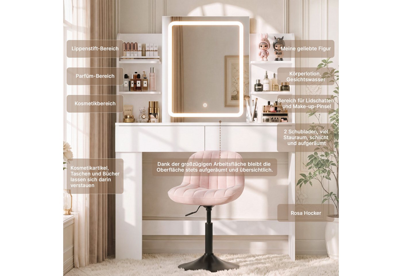 HOMALL Schminktisch mit Spiegel, LED-Beleuchtung, einstellbare Helligkeit, ostern (Langex Brete x Hthe) 90/110 x 40x 135 cm. B ofene Facher (2 seitiche Facher s – Bild 5 von 5
