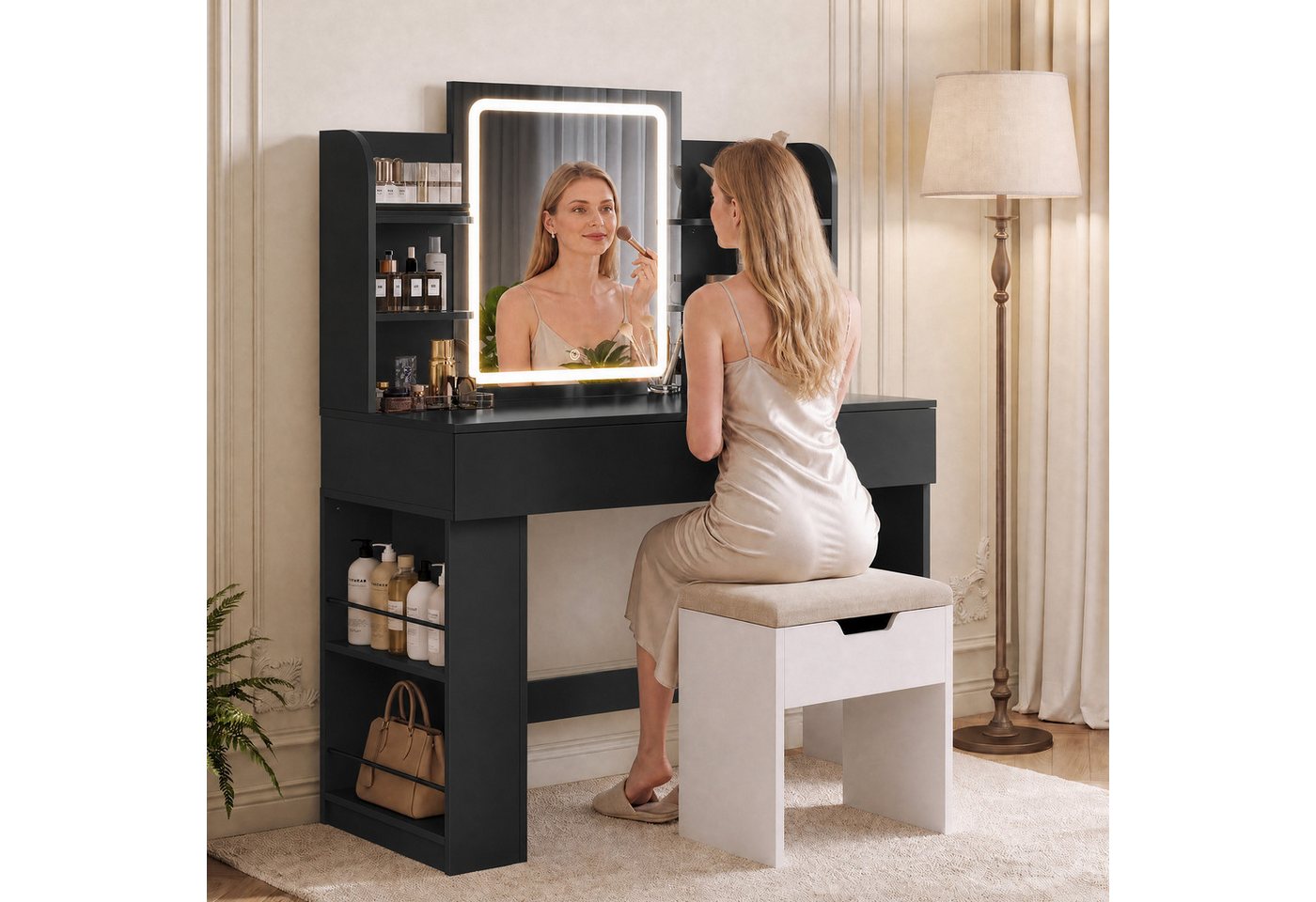 HOMALL Schminktisch mit Spiegel, LED-Beleuchtung, einstellbare Helligkeit, ostern (Langex Brete x Hthe) 90/110 x 40x 135 cm. B ofene Facher (2 seitiche Facher s – Bild 3 von 5