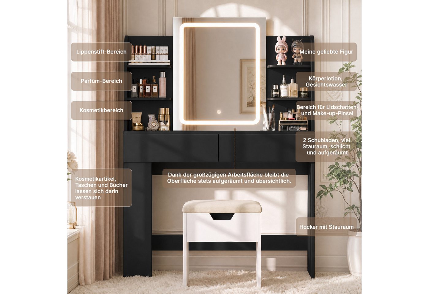 HOMALL Schminktisch mit Spiegel, LED-Beleuchtung, einstellbare Helligkeit, ostern (Langex Brete x Hthe) 90/110 x 40x 135 cm. B ofene Facher (2 seitiche Facher s – Bild 5 von 5