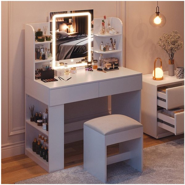 HOMALL Schminktisch mit Spiegel, LED-Beleuchtung, einstellbare Helligkeit, ostern (Langex Brete x Hthe) 90/110 x 40x 135 cm. B ofene Facher (2 seitiche Facher s
