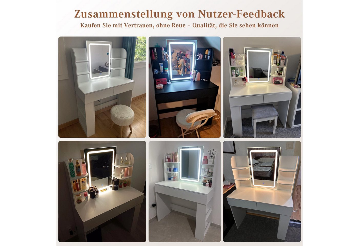 HOMALL Schminktisch mit Spiegel, LED-Beleuchtung, einstellbare Helligkeit, ostern (Langex Brete x Hthe) 90/110 x 40x 135 cm. B ofene Facher (2 seitiche Facher s – Bild 4 von 5