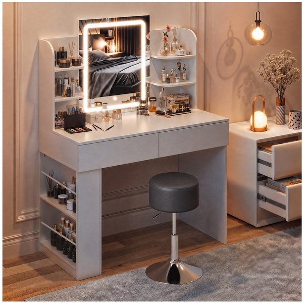 HOMALL Schminktisch mit Spiegel, LED-Beleuchtung, einstellbare Helligkeit, ostern (Langex Brete x Hthe) 90/110 x 40x 135 cm. B ofene Facher (2 seitiche Facher s