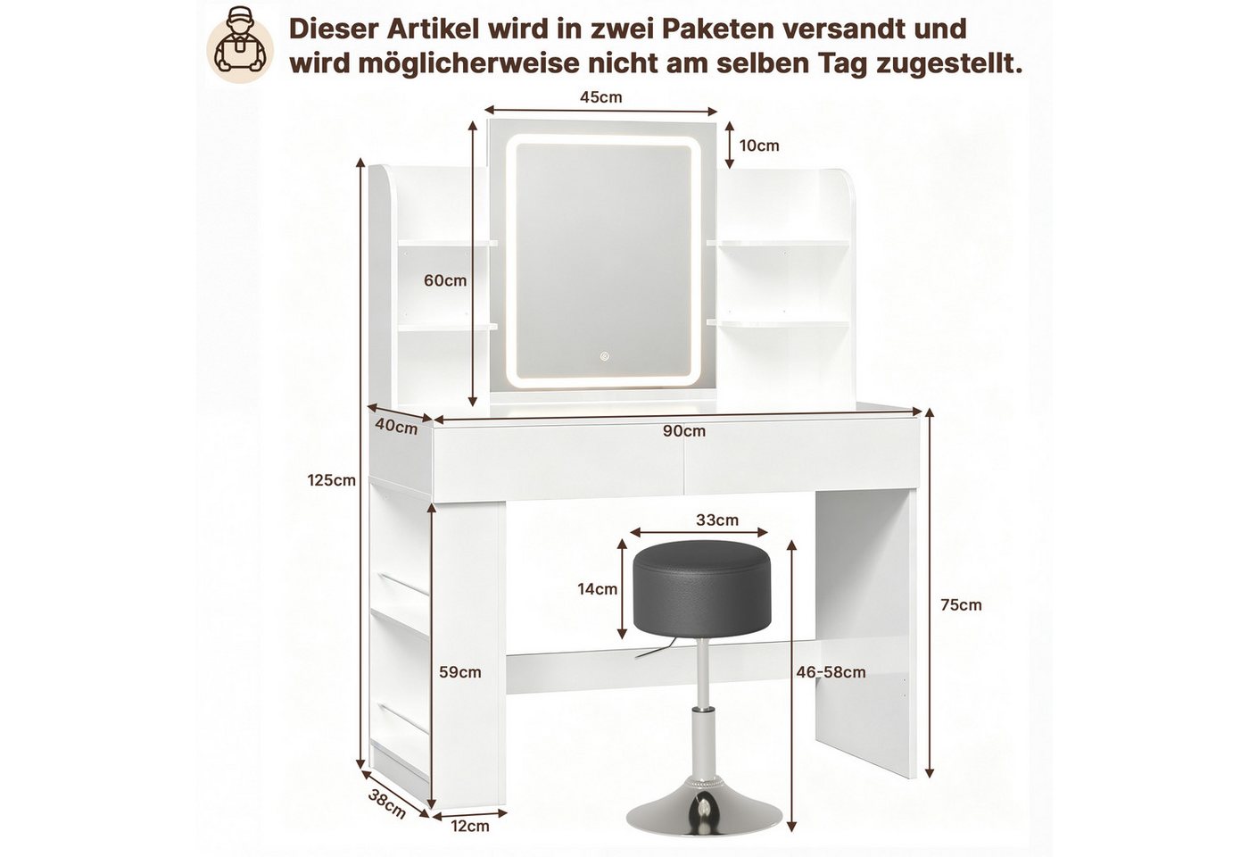 HOMALL Schminktisch mit Spiegel, LED-Beleuchtung, einstellbare Helligkeit, ostern (Langex Brete x Hthe) 90/110 x 40x 135 cm. B ofene Facher (2 seitiche Facher s – Bild 2 von 5