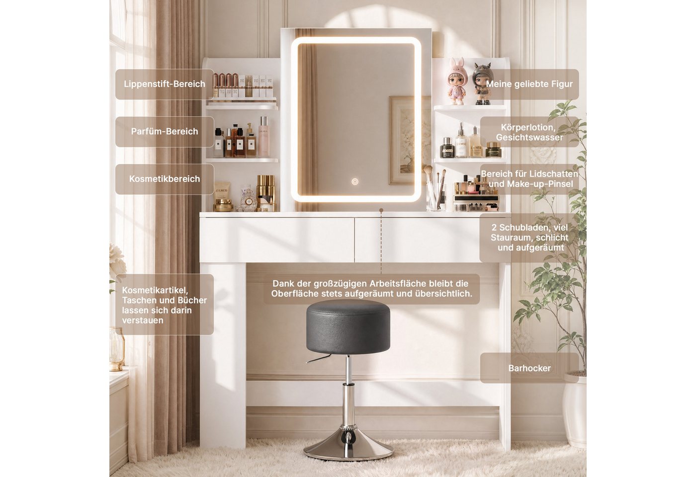 HOMALL Schminktisch mit Spiegel, LED-Beleuchtung, einstellbare Helligkeit, ostern (Langex Brete x Hthe) 90/110 x 40x 135 cm. B ofene Facher (2 seitiche Facher s – Bild 5 von 5