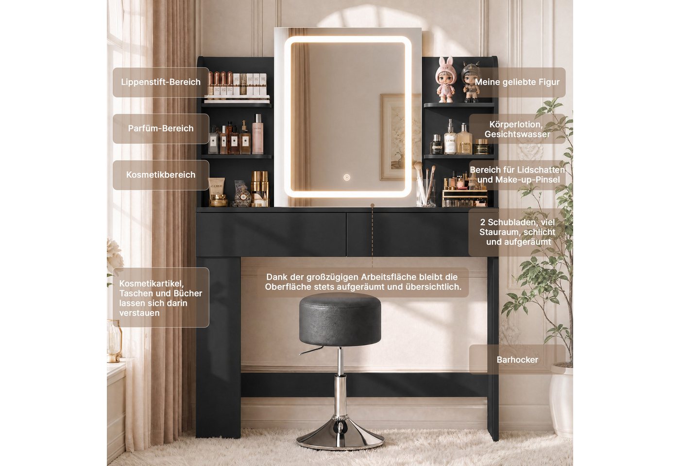 HOMALL Schminktisch mit Spiegel, LED-Beleuchtung, einstellbare Helligkeit, ostern (Langex Brete x Hthe) 90/110 x 40x 135 cm. B ofene Facher (2 seitiche Facher s – Bild 5 von 5