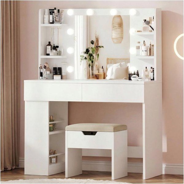 HOMALL Schminktisch mit Spiegel, LED-Beleuchtung, einstellbare Helligkeit, ostern (Langex Brete x Hthe) 90/110 x 40x 135 cm. B ofene Facher (2 seitiche Facher s