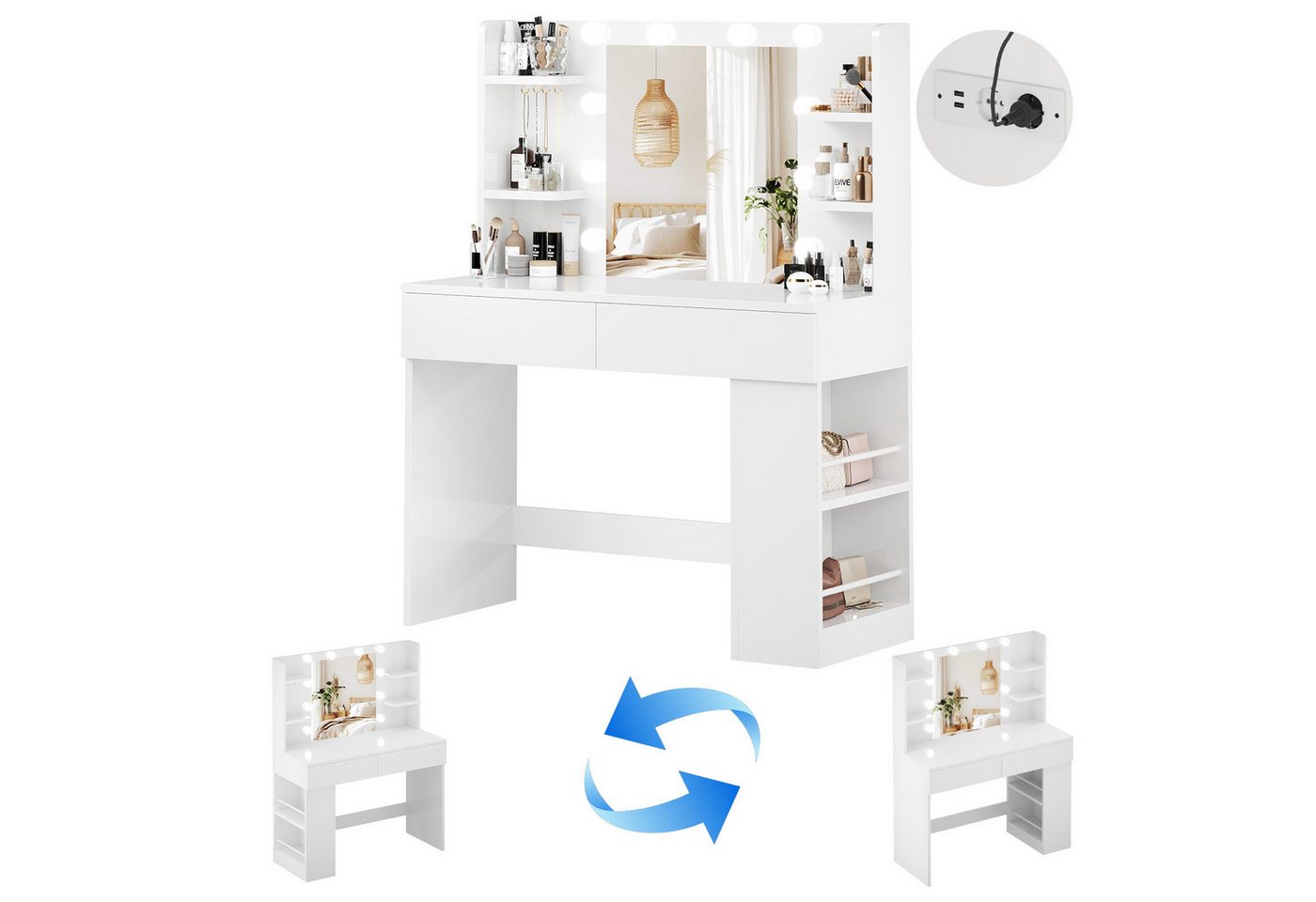 HOMALL Schminktisch mit Spiegel, LED-Beleuchtung, einstellbare Helligkeit, ostern (Langex Brete x Hthe) 90/110 x 40x 135 cm. B ofene Facher (2 seitiche Facher s – Bild 2 von 5