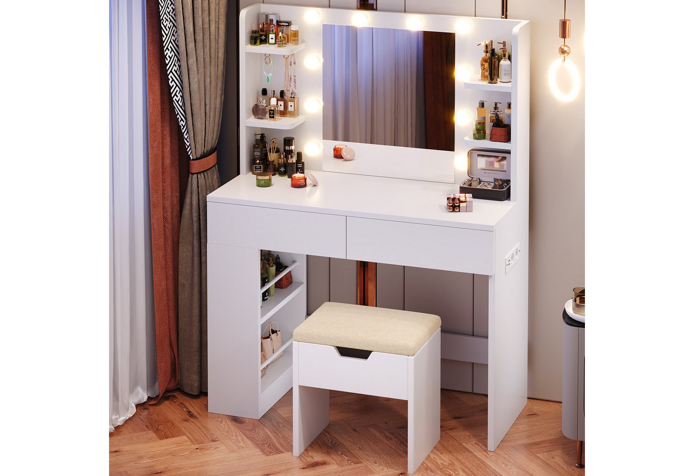 HOMALL Schminktisch mit Spiegel, LED-Beleuchtung, einstellbare Helligkeit, ostern (Langex Brete x Hthe) 90/110 x 40x 135 cm. B ofene Facher (2 seitiche Facher s – Bild 3 von 5