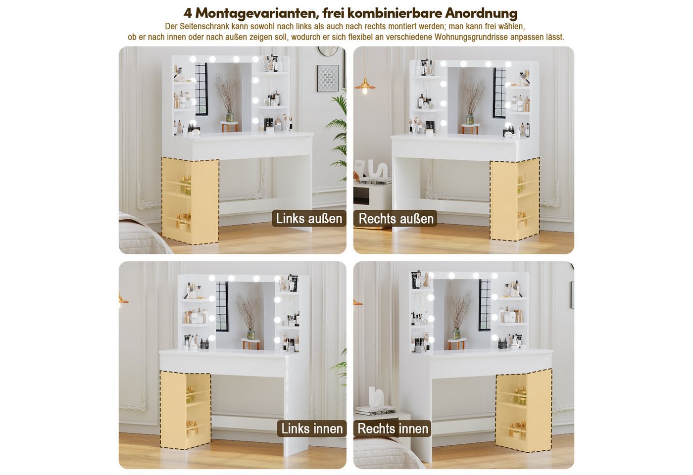 HOMALL Schminktisch mit Spiegel, LED-Beleuchtung, einstellbare Helligkeit, ostern (Langex Brete x Hthe) 90/110 x 40x 135 cm. B ofene Facher (2 seitiche Facher s – Bild 4 von 5